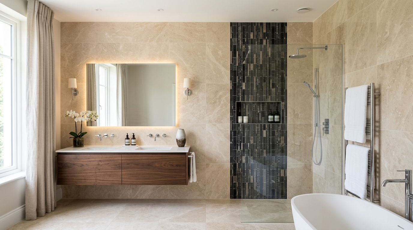 Luxury travertine bathroom installation by Tate's Custom Tile & Stone